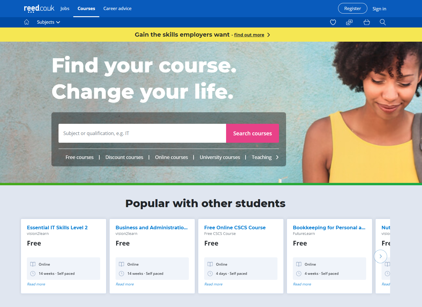 reed courses - reed.co.uk courses homepage screenshot